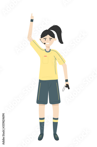 Female referee wearing yellow uniform and holding a whistle. Labour Day, isolated