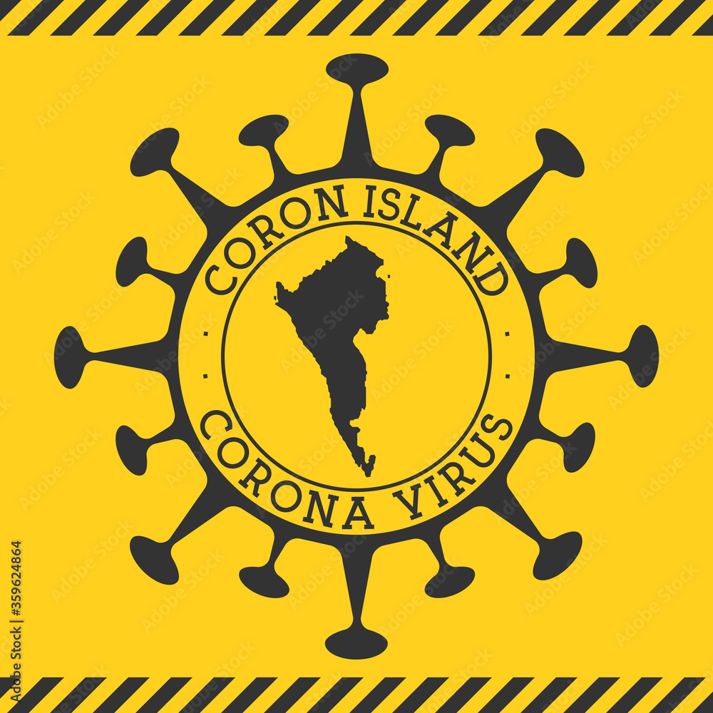 Corona virus in Coron Island sign. Round badge with shape of virus and Coron Island map. Yellow island epidemy lock down stamp. Vector illustration.