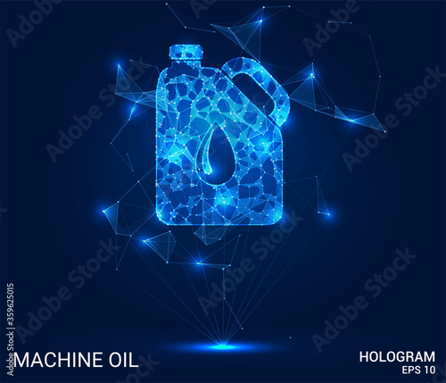 Hologram engine oil. A can of oil made of polygons, triangles of points and lines. Engine oil is a low-poly compound structure. The technology concept.
