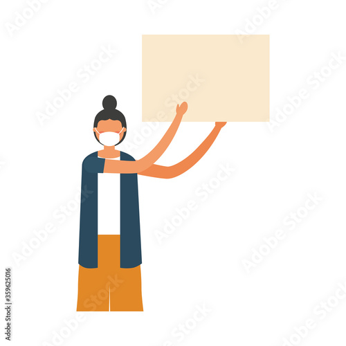 Woman with medical mask and banner board vector design