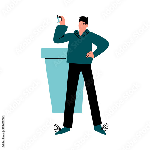 Happy smiling man in black pants sorting the garbage in the trash bin. Vector illustration in cartoon style.