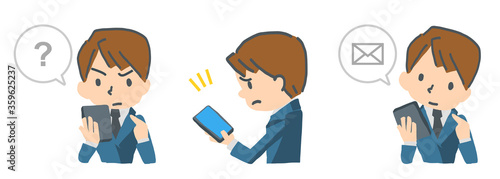 スマートフォンを操作する男性のベクターイラスト表情セット