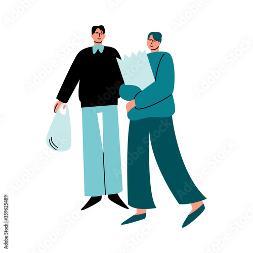 A couple of men in casual clothes standing with purchases in eco-bags of healthy food. Vector illustration in cartoon style.