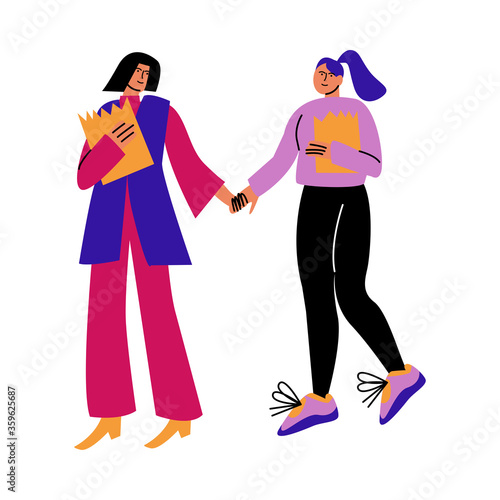 A happy lesbian couple of women in casual clothes with purchases holding hands while walking. Vector illustration in cartoon style.
