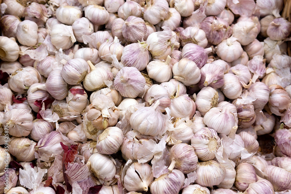 garlic at the supermarket kiosk. Fresh garlic on display in the grocery store. garlic in market. garlic at the supermarket kiosk. Fresh garlic on display in the grocery store. garlic in market.