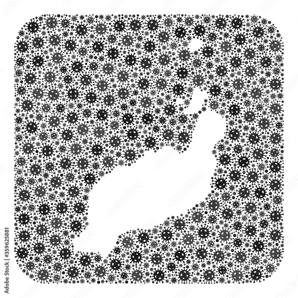 Pandemic virus map of Lanzarote Islands mosaic designed with rounded square and carved shape. Vector map of Lanzarote Islands composition of pandemic virus particles in various sizes and grey shades. Pandemic virus map of Lanzarote Islands mosaic designed with rounded square and carved shape. Vector map of Lanzarote Islands composition of pandemic virus particles in various sizes and grey shades.
