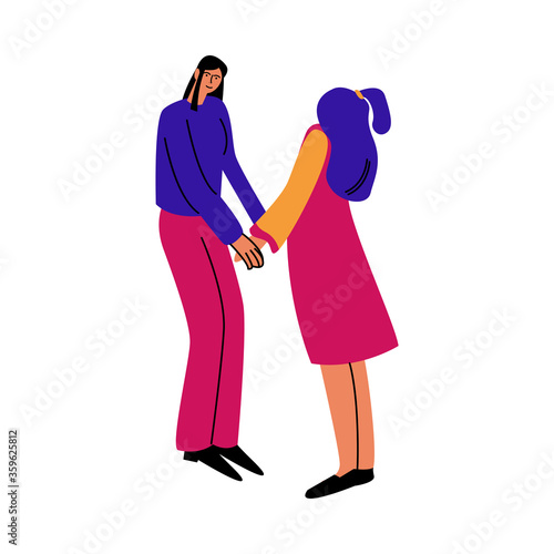 A happy lesbian couple of women standing in casual clothes and holding hands. Vector illustration in cartoon style.