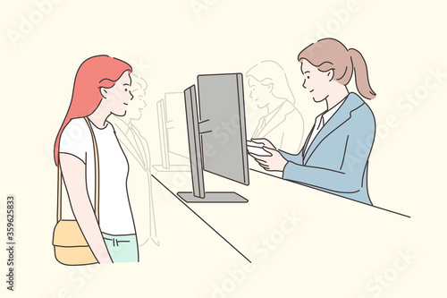 Check in, registration, control concept. Young woman passenger cartoon character standing on passport control desk. Airport security department staff member checking arrival identification documents.