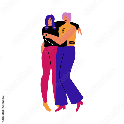 A happy lesbian couple of women standing in casual clothes and hugging. Vector illustration in cartoon style.