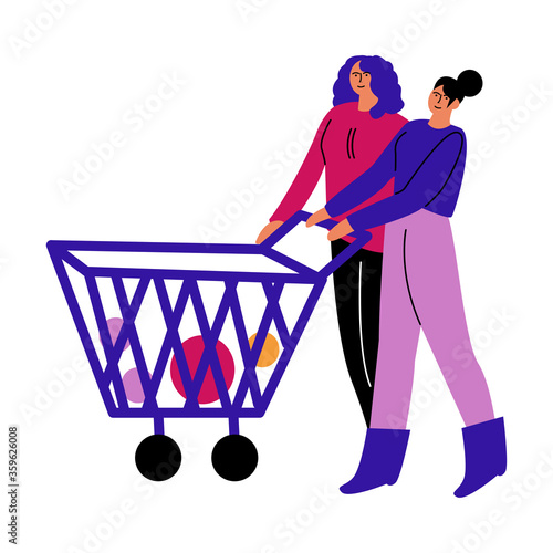 A happy lesbian couple of women in casual clothes with a cart of products in the store. Vector illustration in cartoon style.