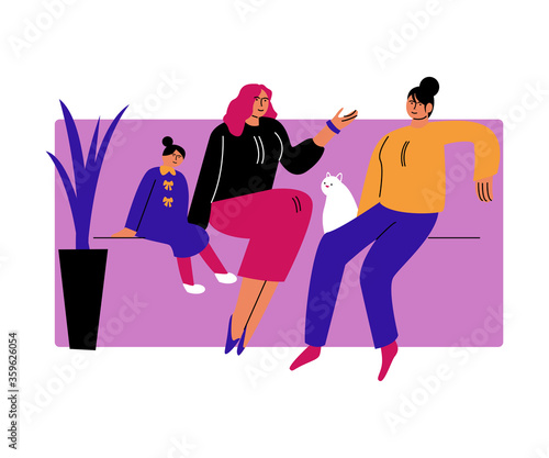 A happy lesbian couple of women sitting on the couch with the daughter. Vector illustration in cartoon style.