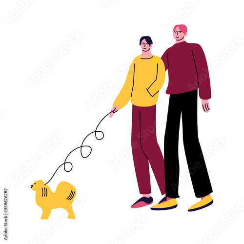 A happy gay couple of men in casual clothes walking dog and hugging. Vector illustration in cartoon style.