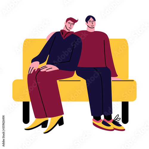 A happy gay couple of men in casual clothes sitting on the couch and hugging. Vector illustration in cartoon style.