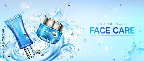 Cosmetics face cream jar and tube on water splash background mockup banner. Beauty product pearl blue packages on aqua surface. Natural moisturizing cosmetic, skin care Realistic 3d vector promo ad