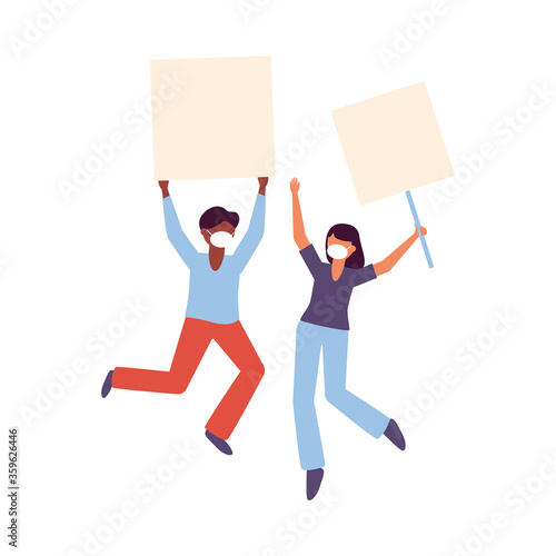 Woman and man with medical mask and banner board vector design