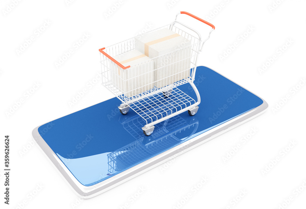 Shopping cart on smartphone business online 3d render wallpaper background