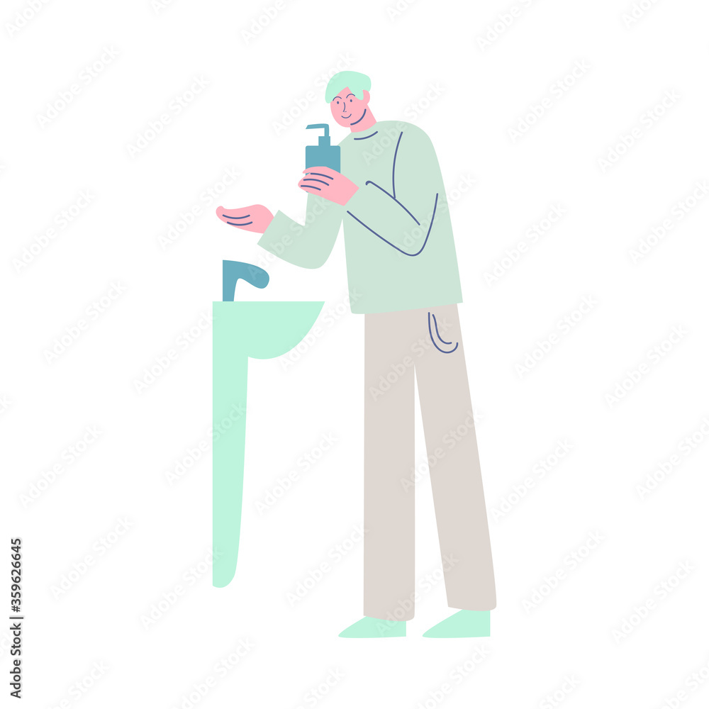 A happy smiling man washes hands with antibacterial hand soap. Vector illustration in cartoon style. A happy smiling man washes hands with antibacterial hand soap. Vector illustration in cartoon style.