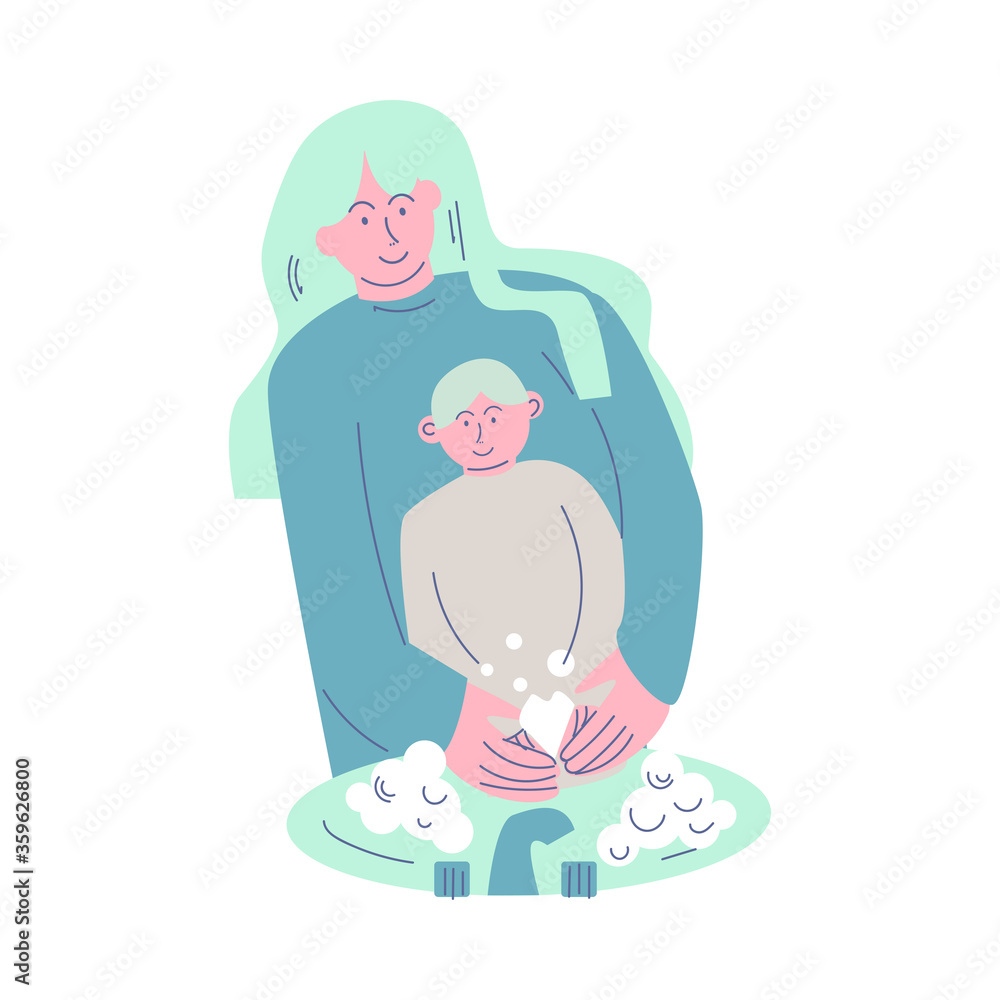 Happy smiling mother washes hands to the child with antibacterial soap. Vector illustration in cartoon style. Happy smiling mother washes hands to the child with antibacterial soap. Vector illustration in cartoon style.