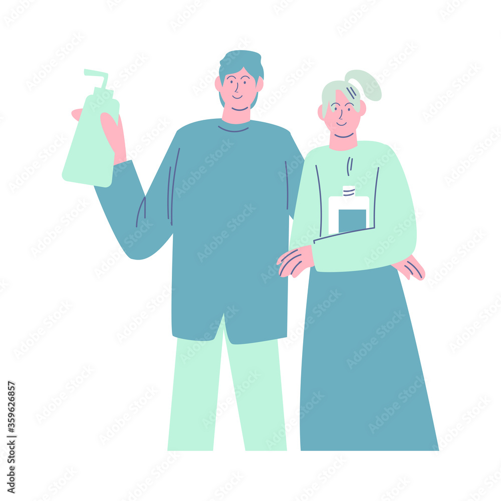 Happy smiling girl and man standing with antibacterial hand sanitizer. Vector illustration in cartoon style.