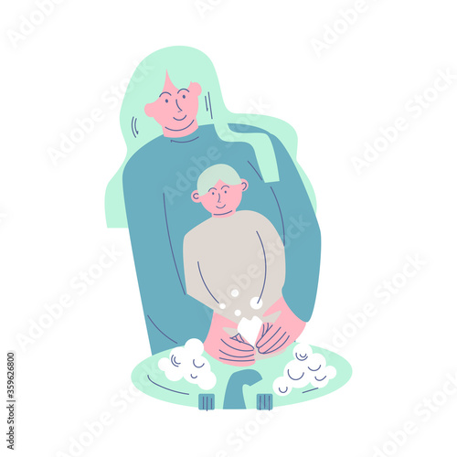 Happy smiling mother washes hands to the child with antibacterial soap. Vector illustration in cartoon style.