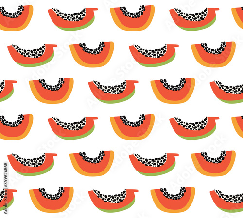 Orange papaya seamless pattern. Exotic summer background. Tropical sweet fruit slices with pulp and seeds. Hand drawn vector colorful doodle jungle fruits on white background. Vegetarian healthy food