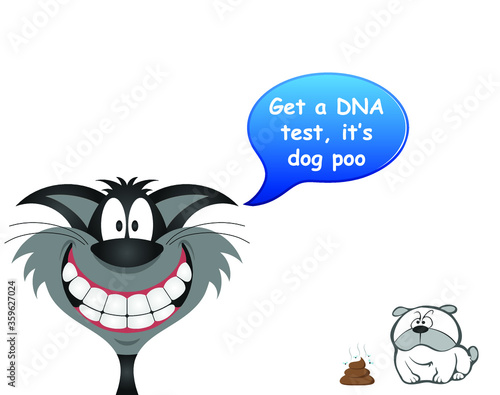 Comical cat blaming the innocent dog for a stinking mess on the floor with the blameless pooch looking on isolated on white background