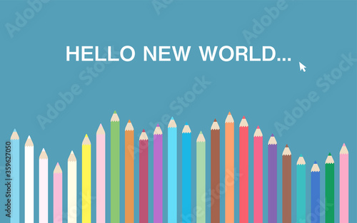 HELLO NEW WORLDと書かれた色鉛筆のグラフィック素材のベクターイラスト