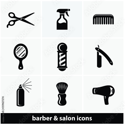 Hair salon & barbershop hairstylist hairdresser icon set with vector icons featuring scissors or shears, a spray bottle, comb, hand mirror, striped pole, shaving razor, hairspray and blow dryer.