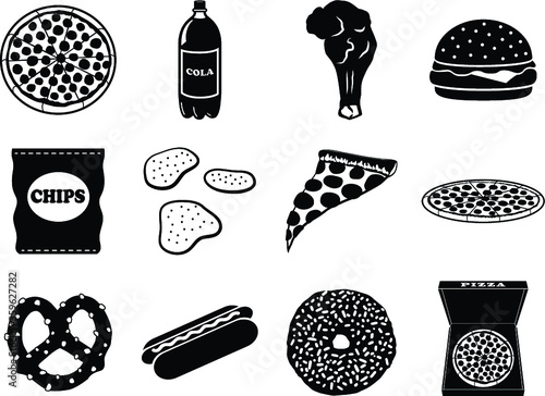 Junk food and fast food icon set with vector icons featuring pizza, soda, chicken wings, a hamburger, chips, pretzel, hot dog, and donut.