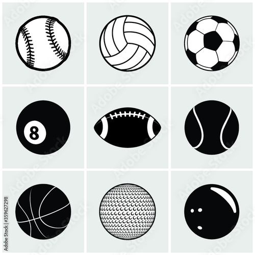 Sports ball icon set with various sports balls including a baseball, volleyball, soccer ball, eight ball, football, tennis ball, basketball, golf ball and bowling ball.