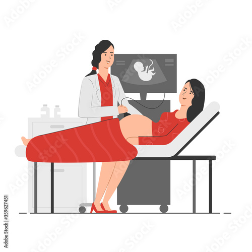 Pregnant woman getting ultrasound screening. Doctor checking picture of a baby on computer screen