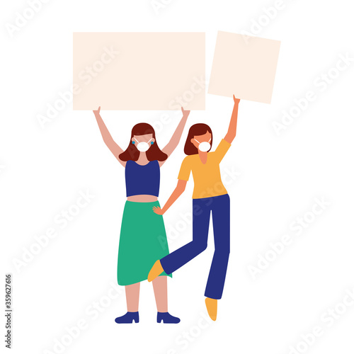 Women with medical masks and banners boards vector design