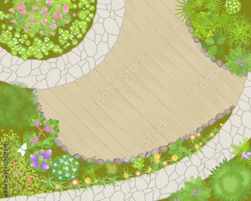 Vector illustration. Landscaping. (Top view) 
Garden paths, stones, flowers and plants. (View from above)