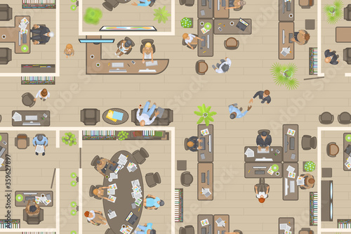 Seamless pattern. Office top view. People at work. Office room, meeting room, reception, office furniture, cabinets, desks, chairs, computers. (view from above) 