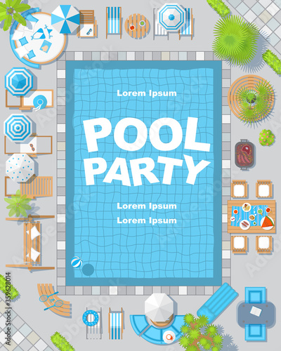 Vector background. Summer pool party invitation. (View from above) Swimming pool top view.