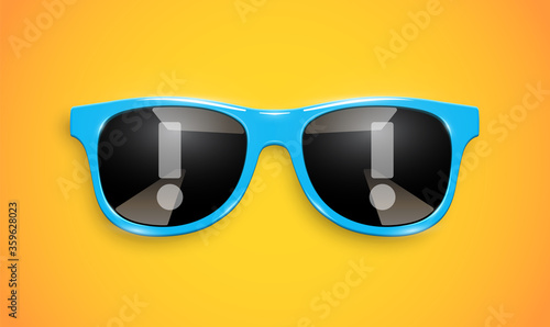 Realistic sunglasses with exclamation mark reflections on the lenses, vector illustration