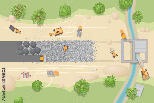 Vector illustration. Construction of roads and bridges. View from above. Stage of construction road. Construction machinery. (top view)