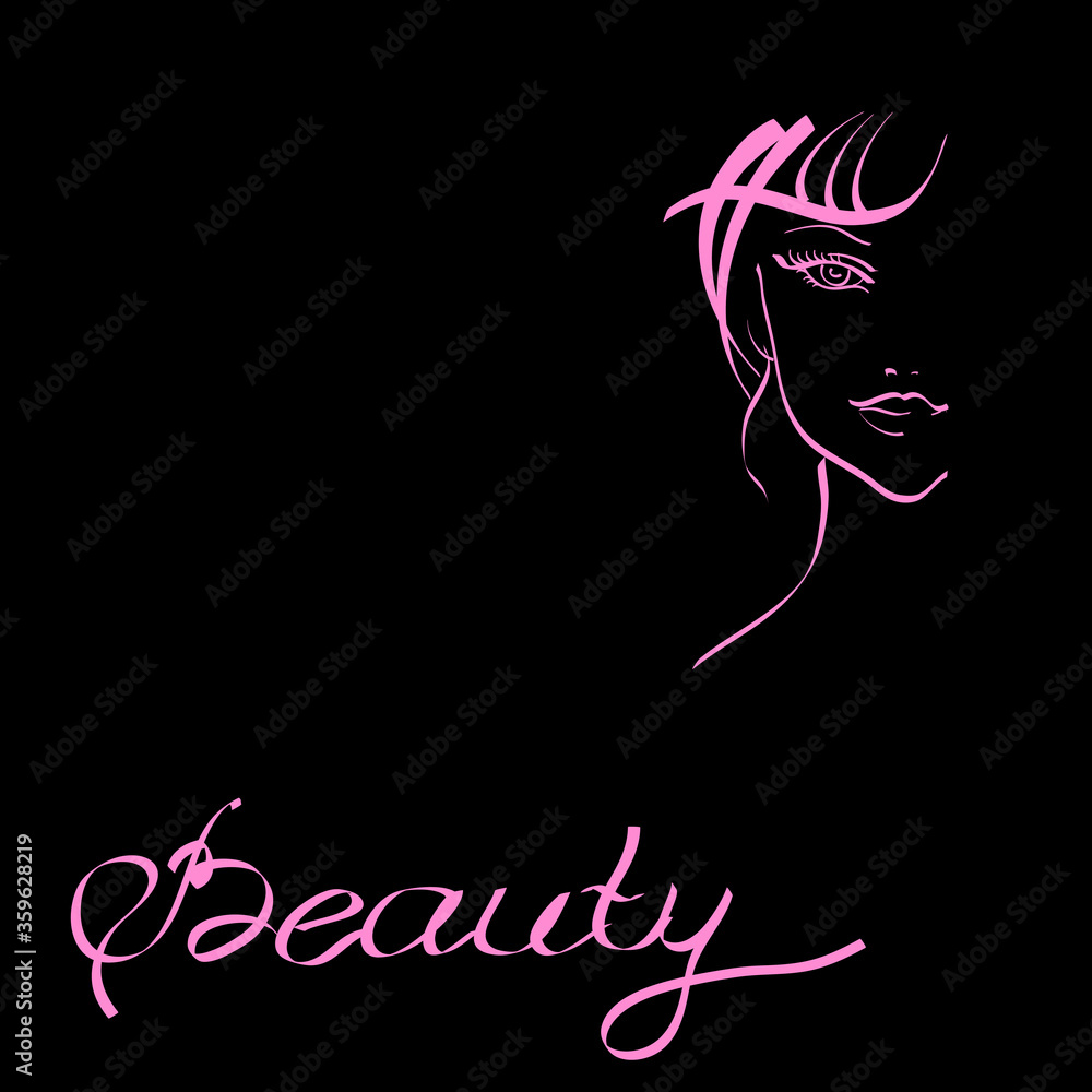 the face of a beautiful girl. vector illustration with contour lines on a black background. image for beauty salons. Spa. silhouette of a woman's head. look down.