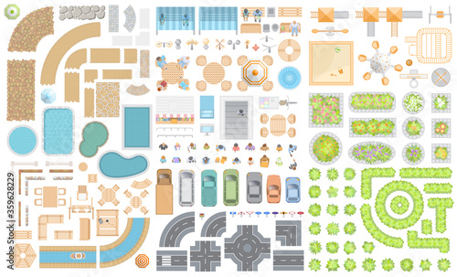 Set of cityscape. Elements of the street. Top view. Road, cars, people, furniture, playground, flowerbed. View from above. 