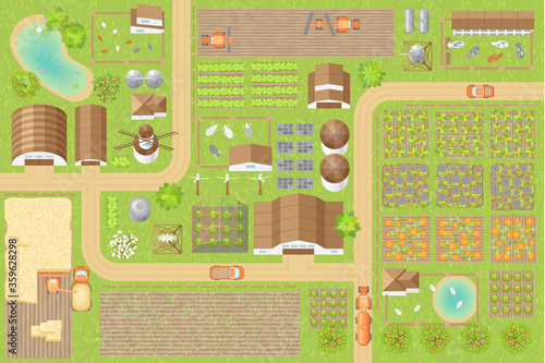 Vector illustration. Green farm. (top view) Fields, vegetable gardens, hangars, buildings, barns, agricultural machinery, ponds, road. (view from above)