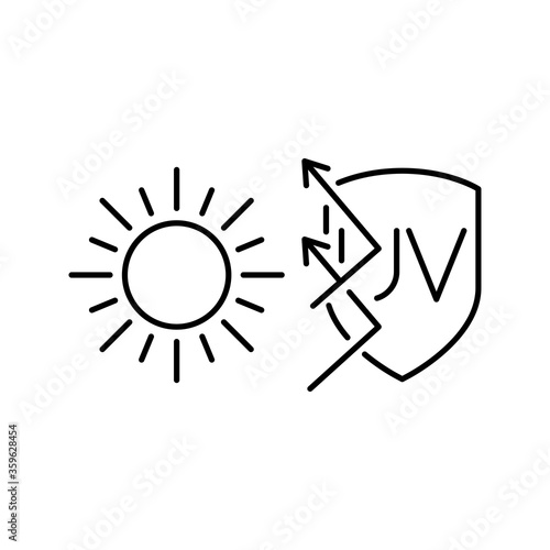 Concepto vacaciones de verano. Crema solar. Icono plano lineal palabra UV en escudo con sol y flechas en color negro