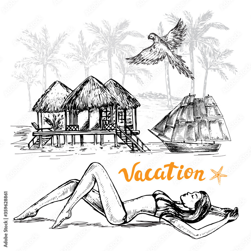 Plakat Hand drawn sketch illustration beautiful girl on the vacation and summer elements on a white background
