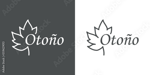 Concepto temporada otoñal. Logotipo con palabra otoño con hoja de arce lineal en fondo gris y fondo blanco