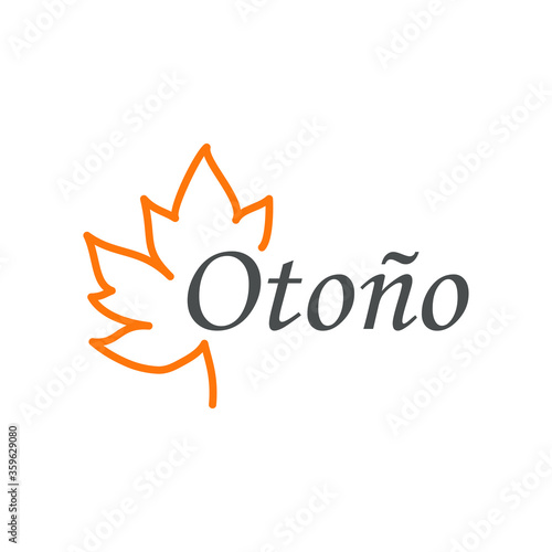 Concepto temporada otoñal. Logotipo con palabra otoño con hoja de arce lineal en naranja y gris
