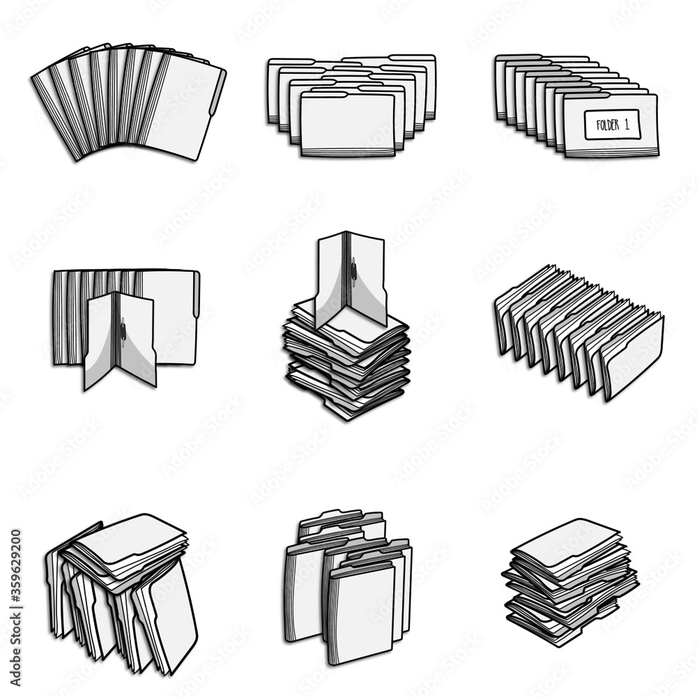 Gray scale color office paper file folder. Office paper documents, file folders and some office stationery. Vector illustration collection set. Gray scale color office paper file folder. Office paper documents, file folders and some office stationery. Vector illustration collection set.