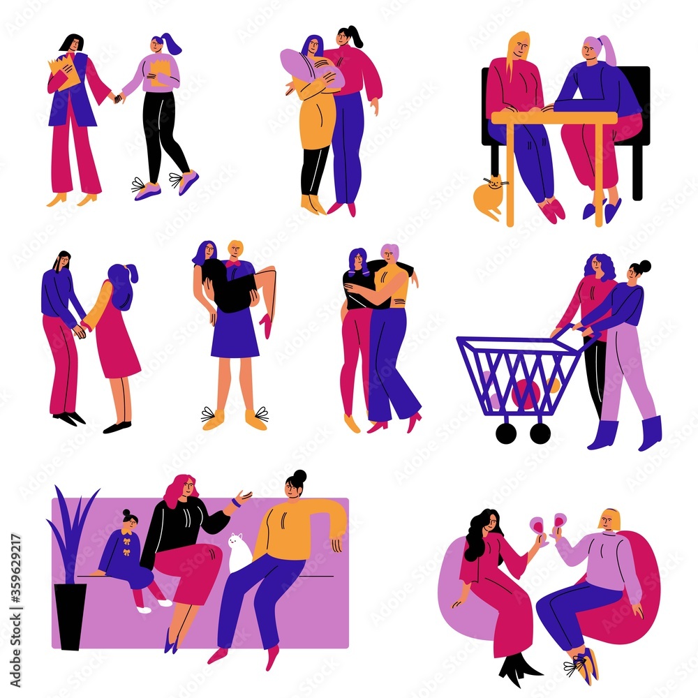 Set of happy homosexual lesbian couples in different life situations. Vector illustration in the flat cartoon style.