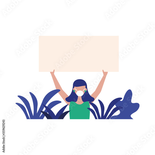 Woman with medical mask and banner board vector design