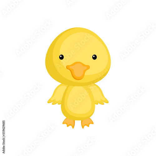 Cute funny baby duck isolated on white background. Adorable animal character for design of album, scrapbook, card and invitation. Fun zoo. Flat cartoon colorful vector illustration.
