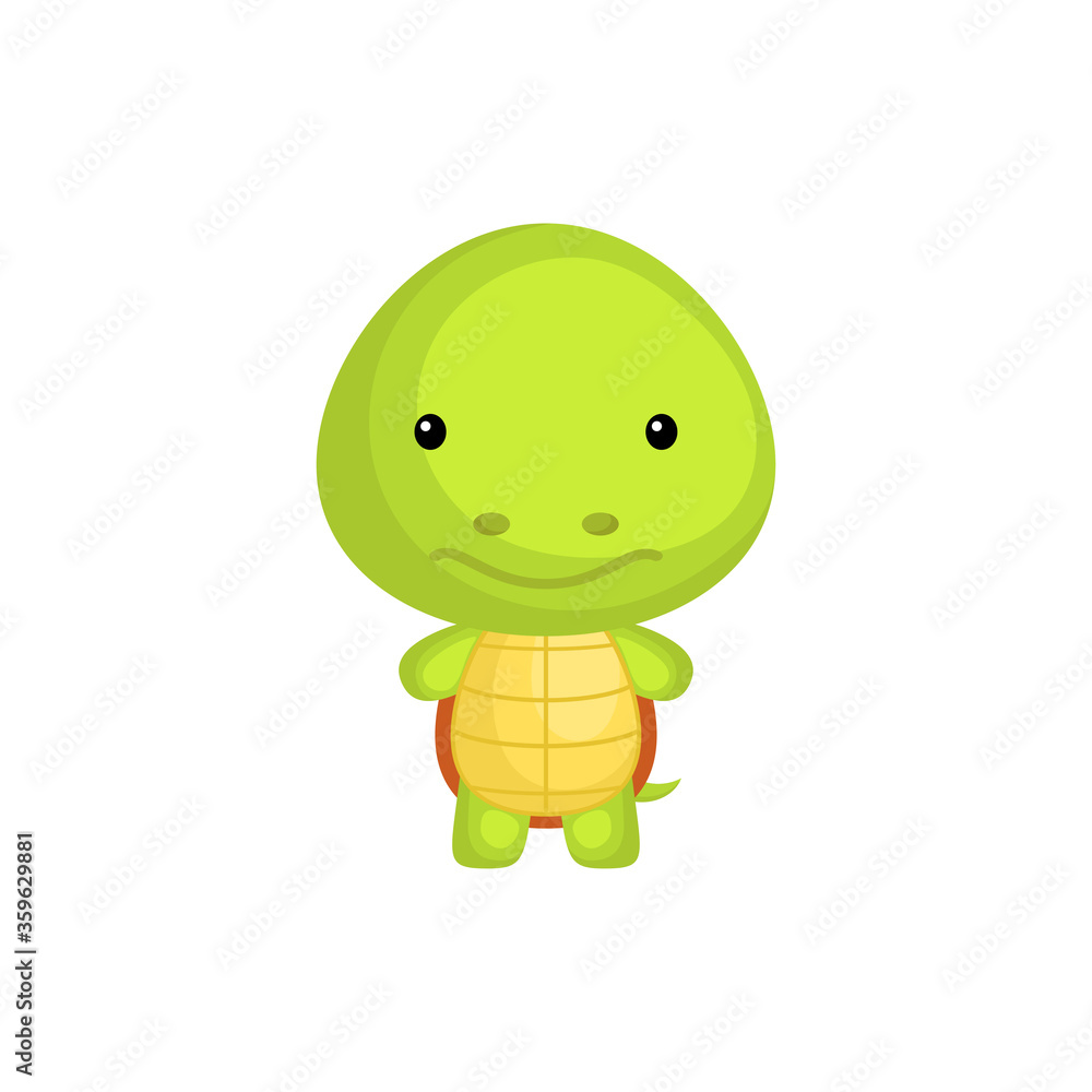 Obraz premium Cute funny baby turtle isolated on white background. Adorable animal character for design of album, scrapbook, card and invitation. Fun zoo. Flat cartoon colorful vector illustration.