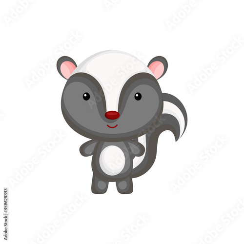 Cute funny baby skunk isolated on white background. Adorable animal character for design of album, scrapbook, card and invitation. Fun zoo. Flat cartoon colorful vector illustration.